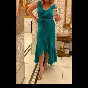 Flounce London faux wrap satin dress with belt - Ruffle hem - Double V neck - 6